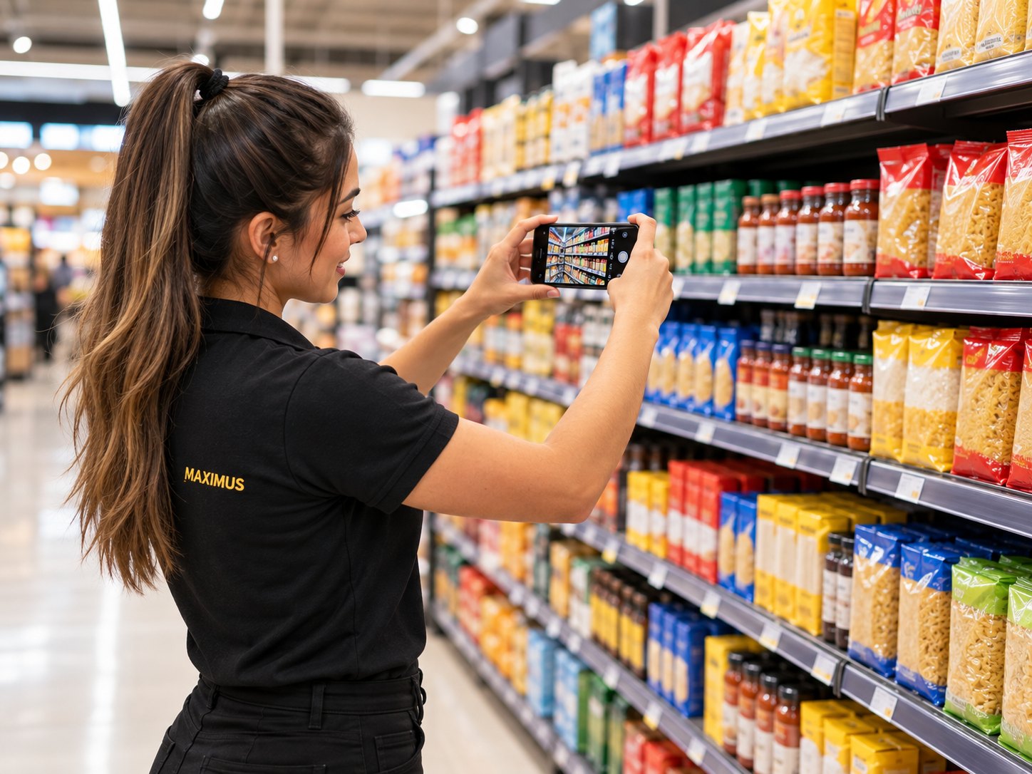 Promotora fotografando a gôndola com o celular para registrar a execução no PDV