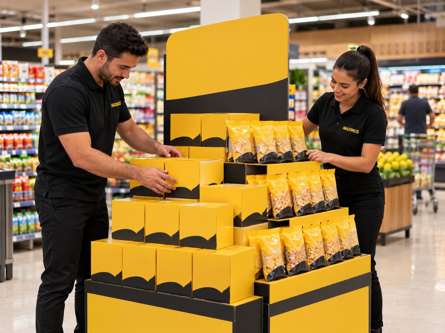Dois promotores montando um ponto extra com display e caixas no supermercado